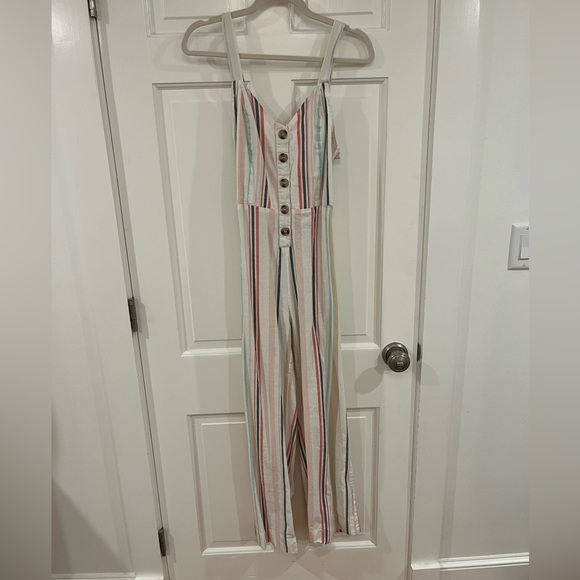 Striped Button-Front Jumpsuit - Picture 2 of 7